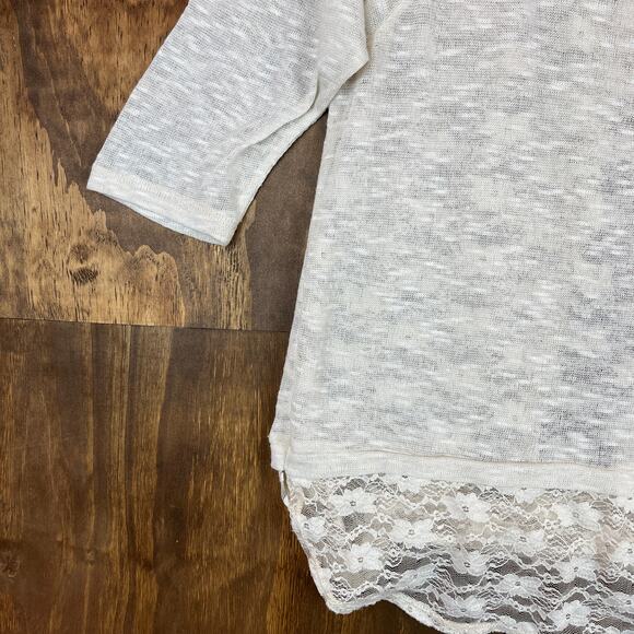 Self Esteem Womens Blouse Beige 3/4 Sleeve Knit Lace Open Back Sheer Linen XL - Picture 3 of 11